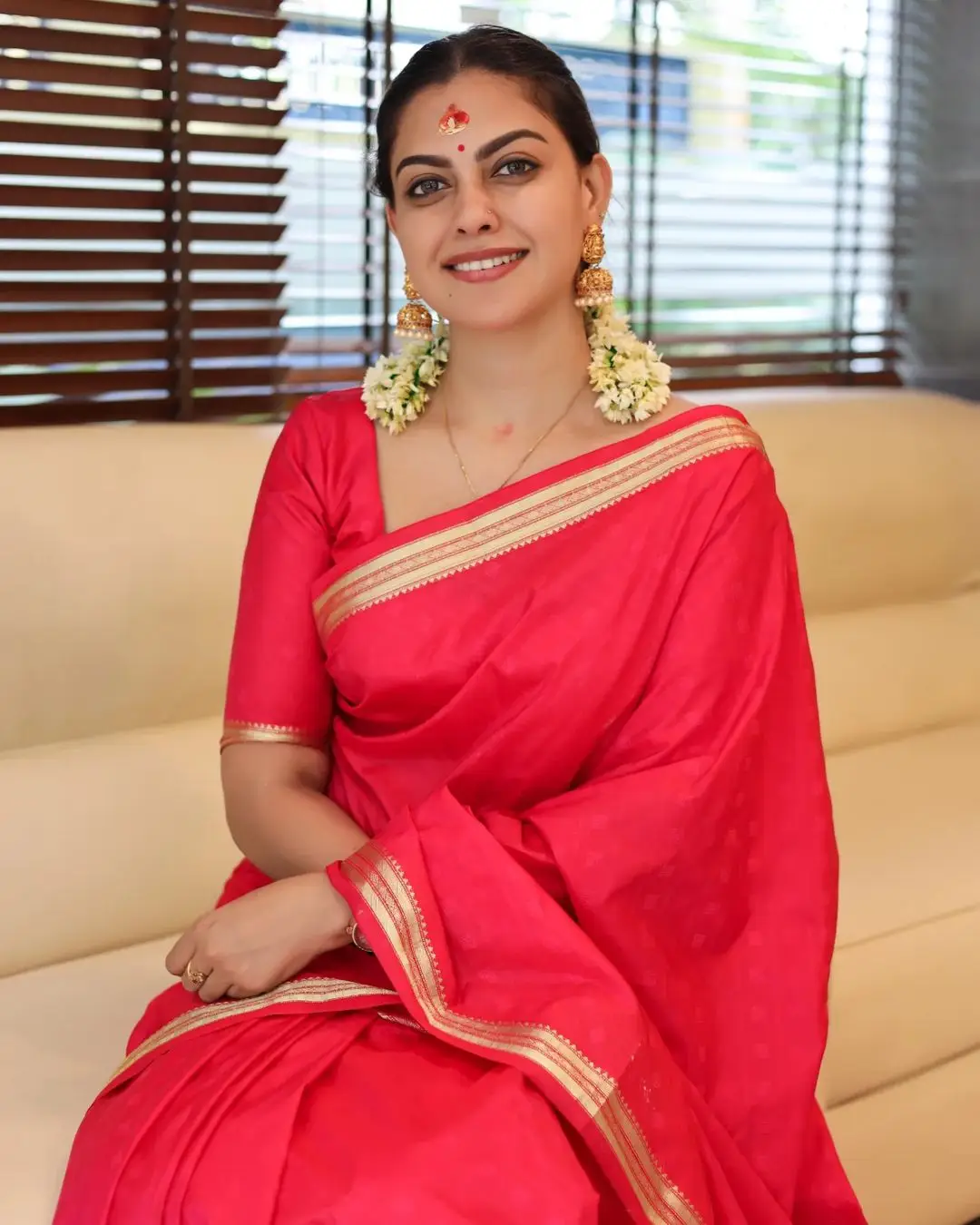 Anusree Nair In Beautiful Earrings Jewellery Red Saree Blouse